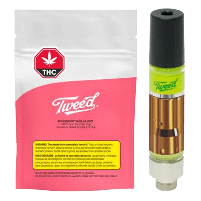 Close-up of the Strawberry Vanilla Swirl Vape Cartridge, showcasing its sleek design and packaging with a vibrant red logo.