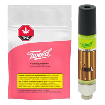 Close-up of the Strawberry Vanilla Swirl Vape Cartridge, showcasing its sleek design and packaging with a vibrant red logo.