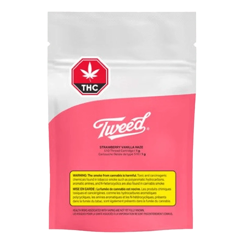 A close-up of the Strawberry Vanilla Swirl Vape Cartridge packaging, with bold text and a logo on a white background.