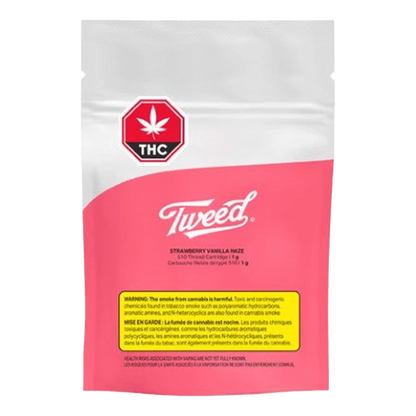 A close-up of the Strawberry Vanilla Swirl Vape Cartridge packaging, with bold text and a logo on a white background.