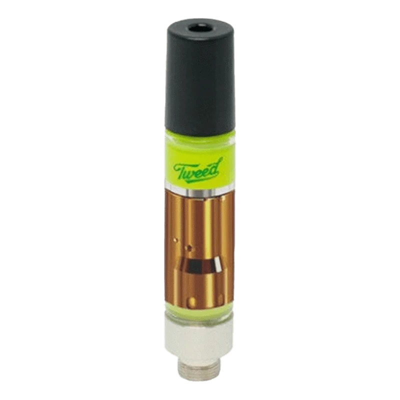 Close-up of the Strawberry Vanilla Swirl Vape Cartridge, angled against a plain white background with visible glass and metallic accents.