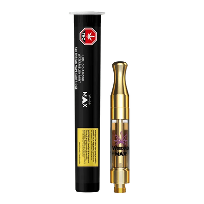 A close-up, angled view of the Liquid Diamond Watermelon Mint Vape Cartridge, showcasing its metallic finish and transparent tank.