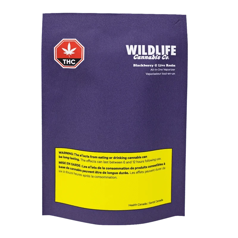 Flat front view of the purple Wildlife Cannabis Co. Live Resin Blackberry Gelato Disposable Vape pouch with white logo and a yellow Health Canada warning panel.