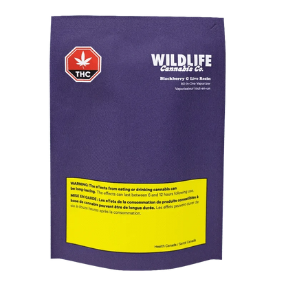 Flat front view of the purple Wildlife Cannabis Co. Live Resin Blackberry Gelato Disposable Vape pouch with white logo and a yellow Health Canada warning panel.