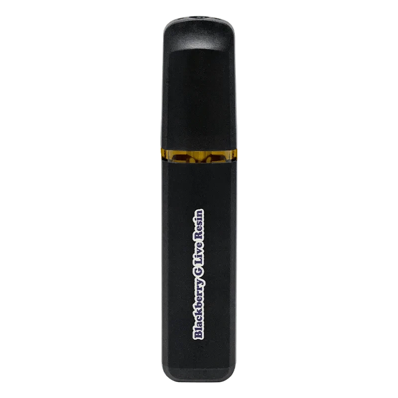 Centered front view of a black Live Resin Blackberry Gelato Disposable Vape with a visible amber cartridge window and vertical white logo.