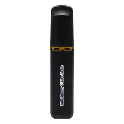 Centered front view of a black Live Resin Blackberry Gelato Disposable Vape with a visible amber cartridge window and vertical white logo.