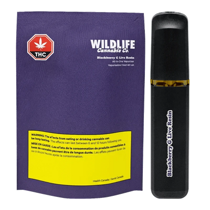 Front view of the Live Resin Blackberry Gelato Disposable Vape next to its purple Wildlife Cannabis Co. packaging, shown on a white background.