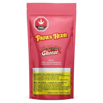 Front-facing shot of a pink pouch labeled Strawberry Cheesecake Liquid Diamond Disposable Vape with bold "Papa's Herb" logo.