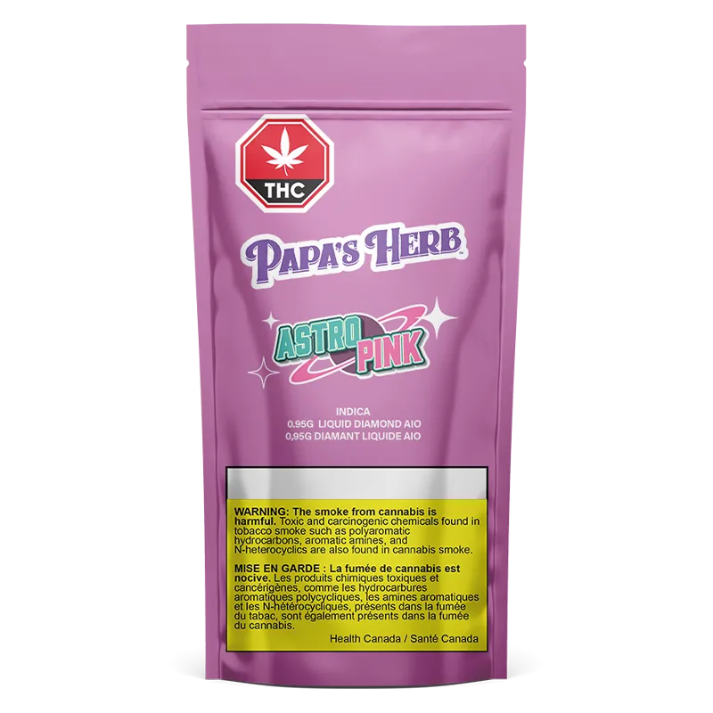 Front-facing shot of a pink pouch labeled "Astro Pink Saucy Diamond Disposable Vape" with the Papa's Herb logo and a yellow health warning panel.
