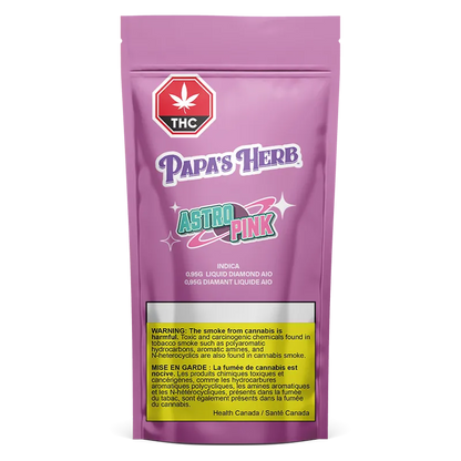 Front-facing shot of a pink pouch labeled "Astro Pink Saucy Diamond Disposable Vape" with the Papa's Herb logo and a yellow health warning panel.