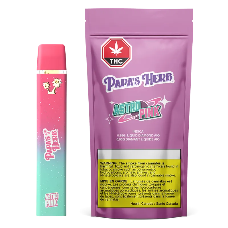 Front-facing shot of the Astro Pink Saucy Diamond Disposable Vape next to its pink Papa's Herb packaging on a white background.