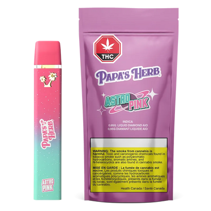 Front-facing shot of the Astro Pink Saucy Diamond Disposable Vape next to its pink Papa's Herb packaging on a white background.