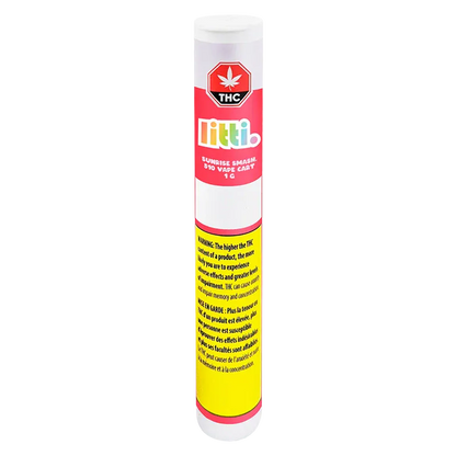 Tall frontal view of the Sunrise Smash Vape Cartridge tube showing colorful Littl branding, a red THC symbol near the top, and a yellow warning panel.