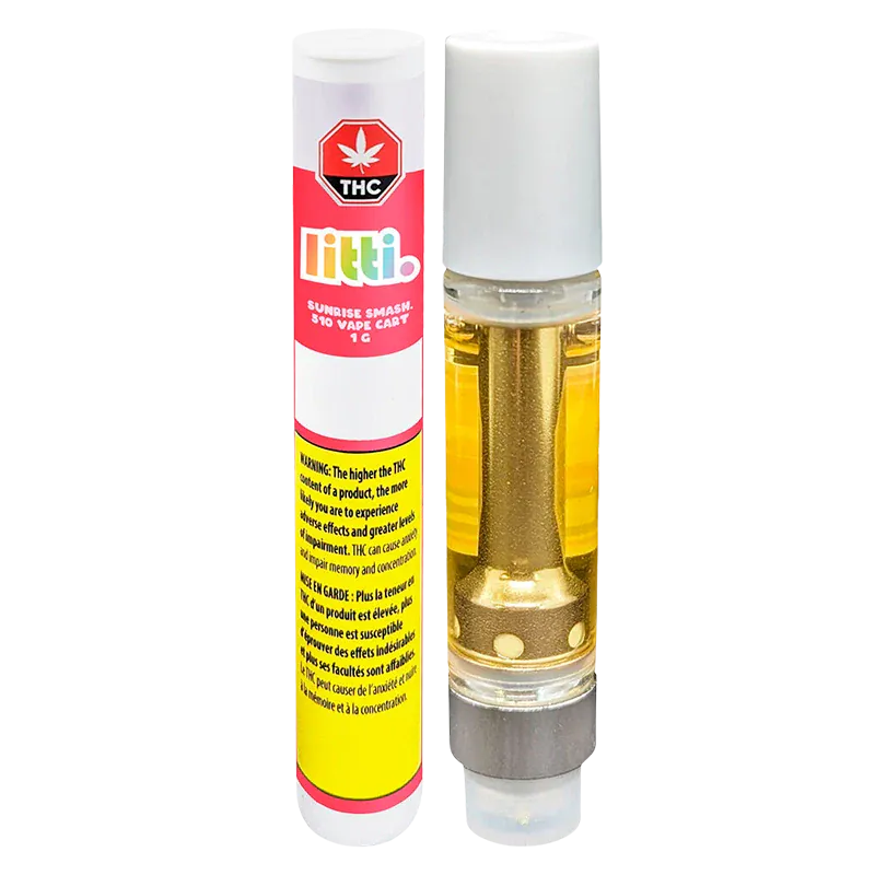 Front-facing photograph of a Sunrise Smash Vape Cartridge by Litti, showing the clear 1 g cartridge with golden oil beside its colorful white, pink, and yellow labeled tube.