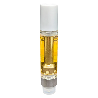 Center-aligned close-up of a gold-filled Sunrise Smash Vape Cartridge with white mouthpiece against a white background.