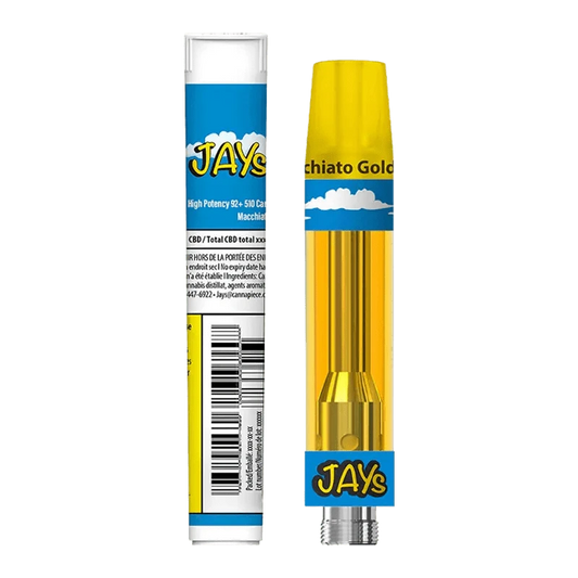 Front view of the High Potency 92+ Macchiato Gold Vape Cartridge with packaging, highlighting the gold and white label details.