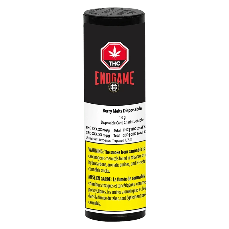 Front view of the cylindrical packaging showing the Berry Melts Disposable Vape label and Endgame logo on a black, white, and yellow warning-striped background.