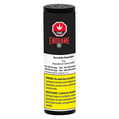 Front view of the cylindrical packaging showing the Berry Melts Disposable Vape label and Endgame logo on a black, white, and yellow warning-striped background.