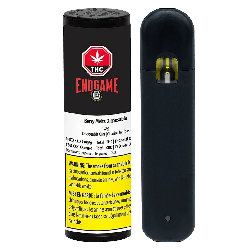 Front view of a black Berry Melts Disposable Vape shown standing next to its labeled cylindrical packaging with warning panel.