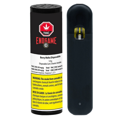 Front view of a black Berry Melts Disposable Vape shown standing next to its labeled cylindrical packaging with warning panel.