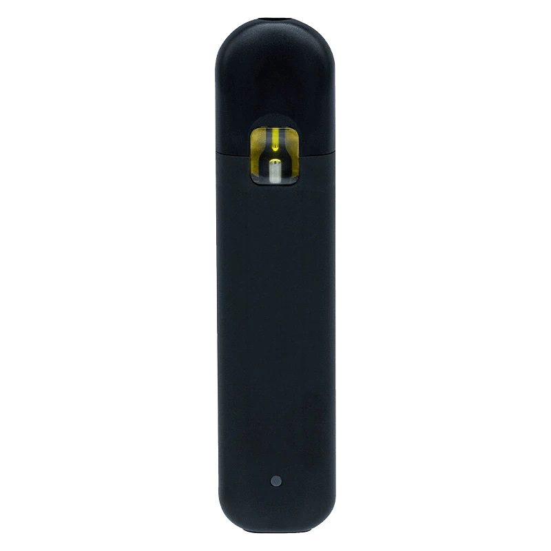 Centered front view of a matte black Berry Melts Disposable Vape showing its rounded top, small cartridge window with yellow liquid, and single LED at the base
