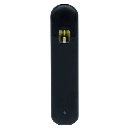 Centered front view of a matte black Berry Melts Disposable Vape showing its rounded top, small cartridge window with yellow liquid, and single LED at the base