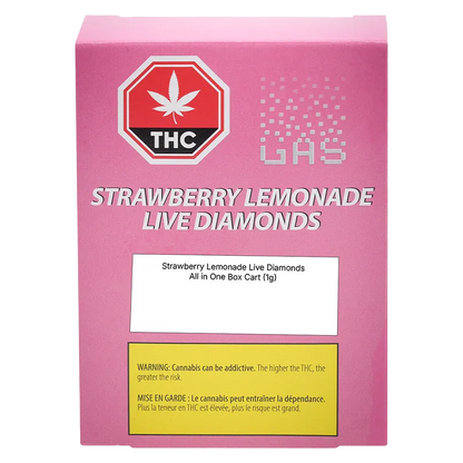 Front-facing shot of the pink box for Strawberry Boba Live Action AIO Disposable Vape showing bold white text and a THC warning panel.