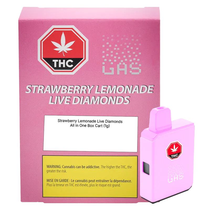 Front view of the pink Strawberry Boba Live Action AIO Disposable Vape box and matching pod positioned to the right against a white background.
