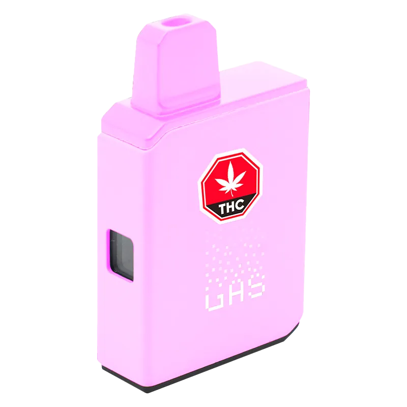 Three-quarter view of a pastel pink Strawberry Boba Live Action AIO Disposable Vape standing upright with a THC label on its front.