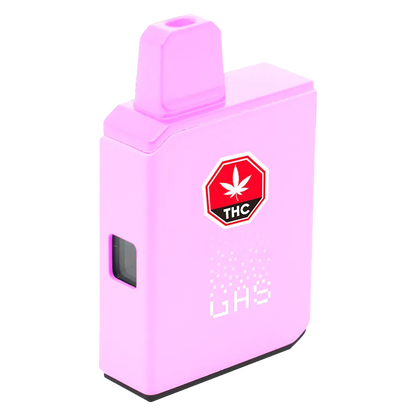 Three-quarter view of a pastel pink Strawberry Boba Live Action AIO Disposable Vape standing upright with a THC label on its front.