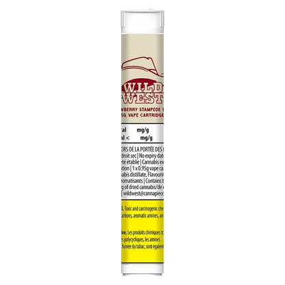 Close-up of the 95+ Strawberry Stampede Liquid Diamonds Vape Cartridge, featuring bold lettering against a dark, metallic background.