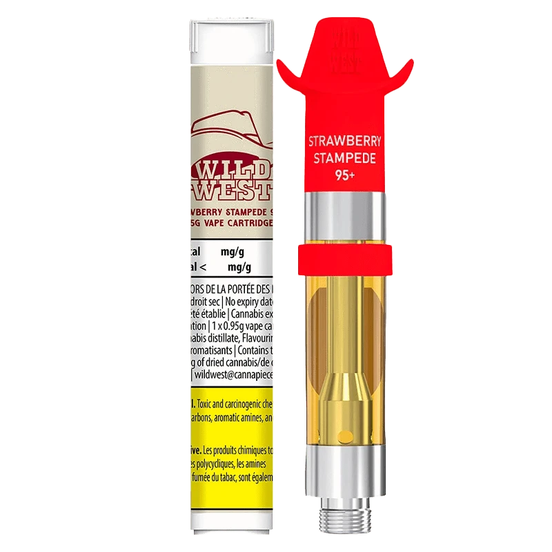 Close-up of the 95+ Strawberry Stampede Liquid Diamonds Vape Cartridge against a dark background, displaying colorful branding and a glass container.