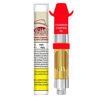 Close-up of the 95+ Strawberry Stampede Liquid Diamonds Vape Cartridge against a dark background, displaying colorful branding and a glass container.