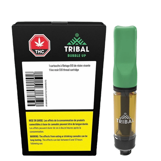 Close-up of the Bubble Up Live Resin Vape Cartridge against a black backdrop, showcasing its branded label and metallic connector.