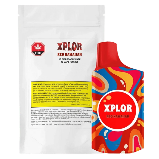 Close-up of the Red Hawaiian Disposable Vape packaging featuring bold text and warnings against prolonged use.