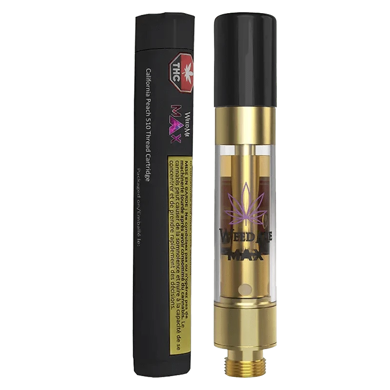 Close-up of the California Peach Liquid Diamond Vape Cartridge, showing its metallic casing and visible liquid through the clear glass.