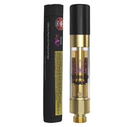 Close-up of the California Peach Liquid Diamond Vape Cartridge, showing its metallic casing and visible liquid through the clear glass.