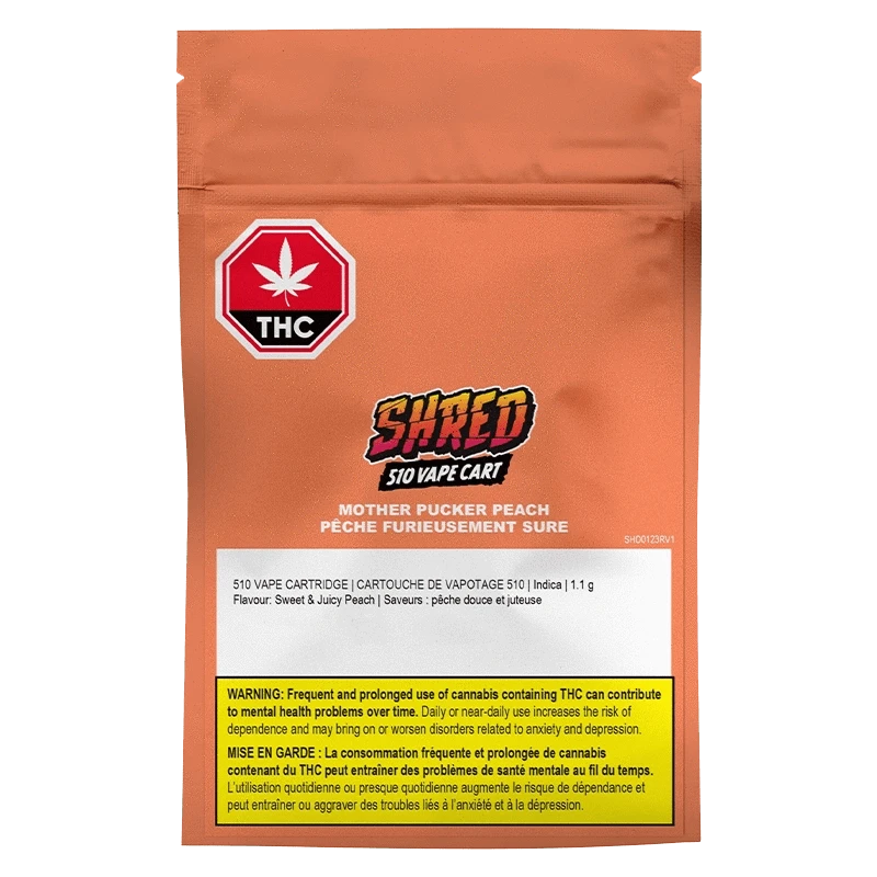 A close-up of the Mother Pucker Peach Vape Cartridge packaging, displaying bold graphics and product information against a dark backdrop.