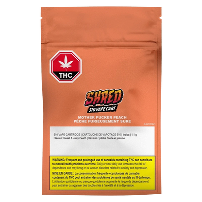 A close-up of the Mother Pucker Peach Vape Cartridge packaging, displaying bold graphics and product information against a dark backdrop.