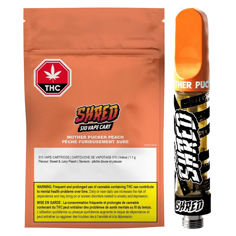 Mother Pucker Peach Vape Cartridge is pictured in a close-up shot with a vibrant, slightly angled view and prominent branding.