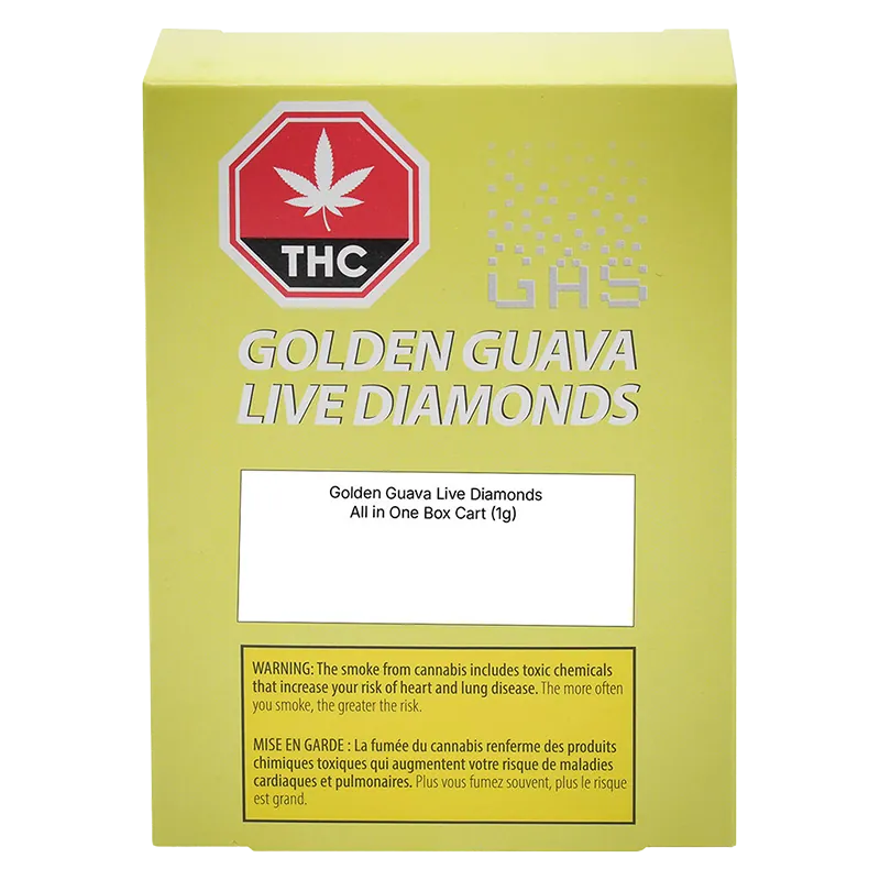 Straight-on view of a lime-yellow box labeled Golden Guava Live Action AIO Disposable Vape with bold "GOLDEN GUAVA LIVE DIAMONDS" text and a red THC symbol.