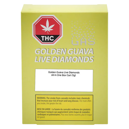 Straight-on view of a lime-yellow box labeled Golden Guava Live Action AIO Disposable Vape with bold "GOLDEN GUAVA LIVE DIAMONDS" text and a red THC symbol.