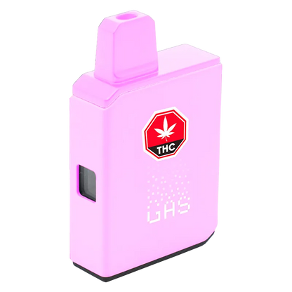 Angled front view of the pink Golden Guava Live Action AIO Disposable Vape showing its rectangular body, top mouthpiece, side window, and THC warning label