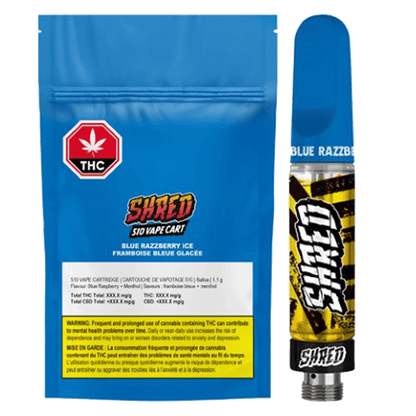 Blue Razzberry Cart Front view of the Blue Razzberry Ice Vape Cartridge, displaying bold ...