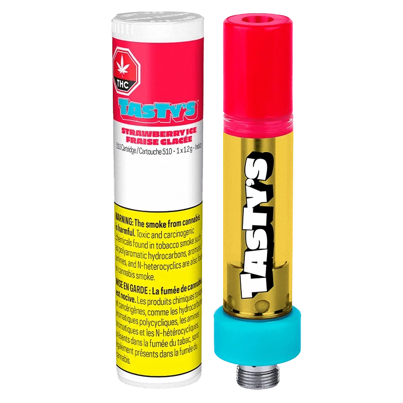 Front view of the Strawberry Ice Vape Cartridge, featuring a colorful label against a sleek, metallic casing.