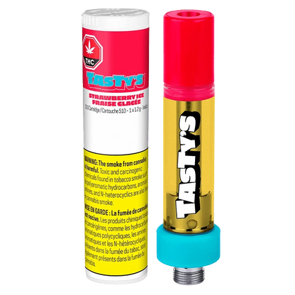 Front view of the Strawberry Ice Vape Cartridge, featuring a colorful label against a sleek, metallic casing.