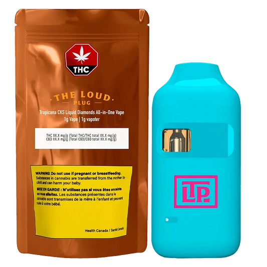 Front view of the Tropicana CKS Liquid Diamonds AIO Disposable Vape, displaying warning labels against a black background.