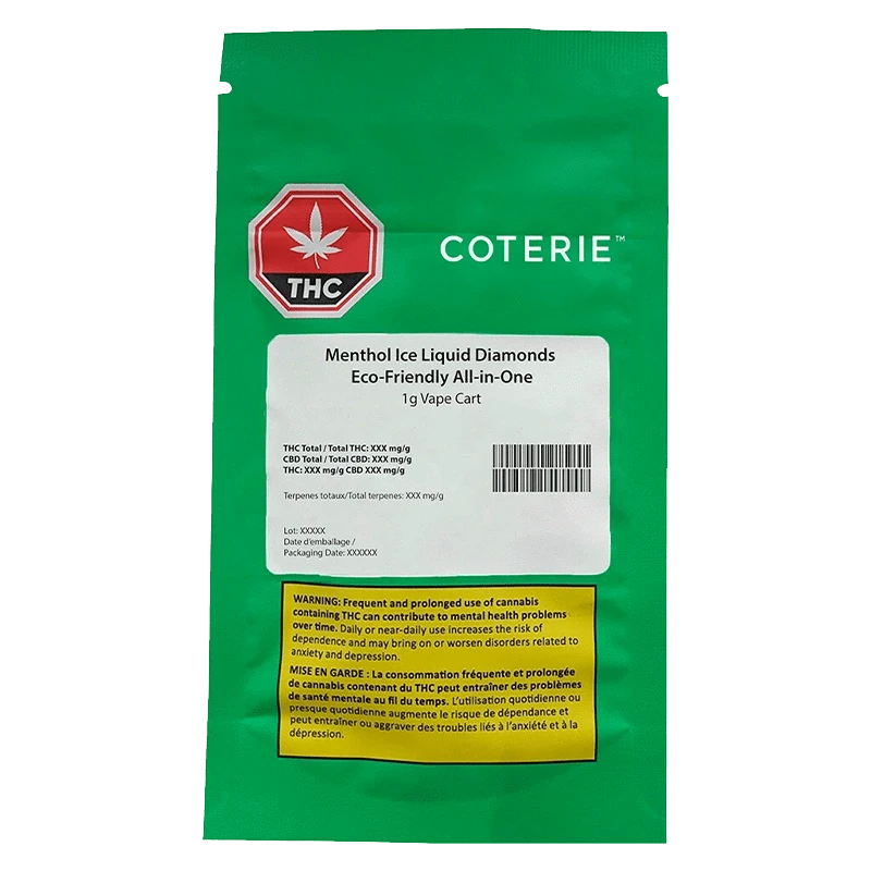 Close-up of the Menthol Ice Liquid Diamonds Eco-friendly AIO Disposable Vape packaging with a warning label and THC content information.