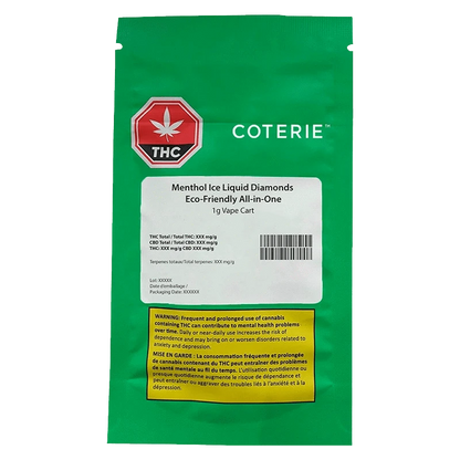 Close-up of the Menthol Ice Liquid Diamonds Eco-friendly AIO Disposable Vape packaging with a warning label and THC content information.