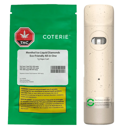 Close-up of the Menthol Ice Liquid Diamonds Eco-friendly AIO Disposable Vape, showing a warning label and brand details on its packaging.